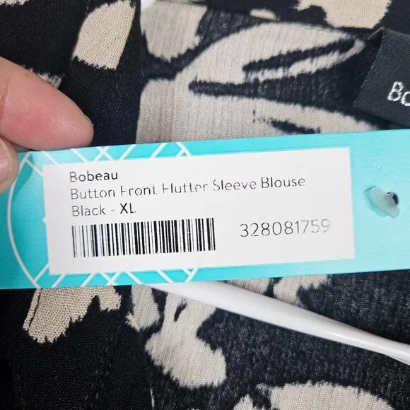 Bobeau Button Front Flutter Sleeve Black Blouse Size XL NEW - Picture 4 of 9